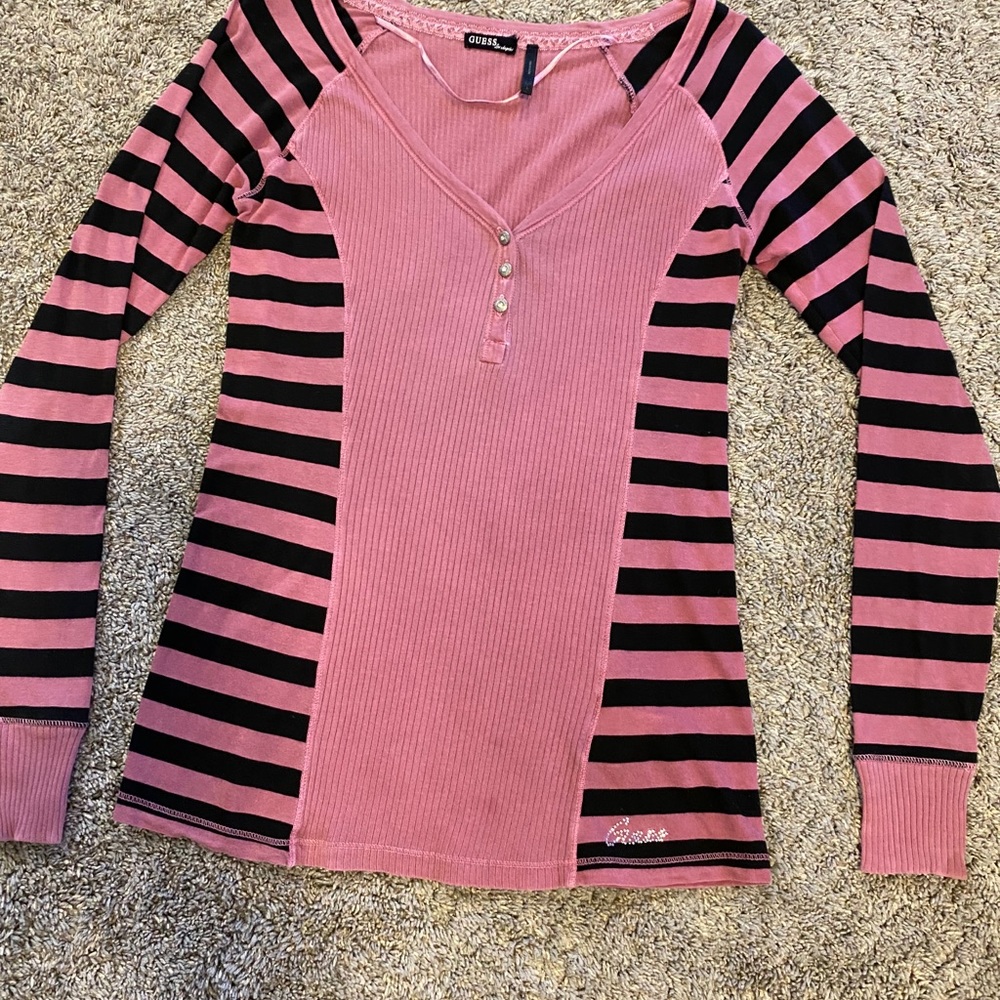 Guess top.  Pink with black stripes.